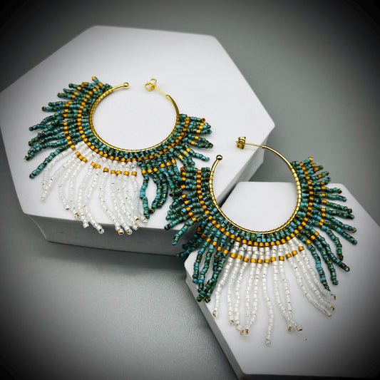 Native American Style Earrings, Boho Beaded Hoop Earrings, Native Hoop Earrings, Beaded Folk Earrings, Tribal Hoop Earrings