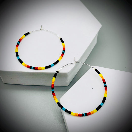 Native American Style Earrings, Boho Beaded Hoop Earrings, Native Hoop Earrings, Beaded Folk Earrings, Tribal Hoop Earrings, Aztec Earrings