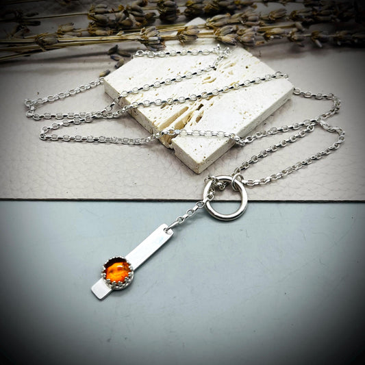 Long Sterling Silver Bar Necklace, Sterling Silver Lariat Necklace, Amber and Silver Hoop Lariat Necklace, Long Silver Hoop Necklace