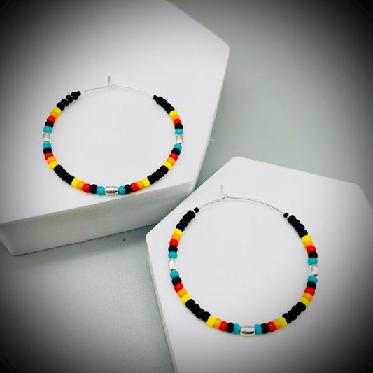 Native American Style Earrings, Boho Beaded Hoop Earrings, Native Hoop Earrings, Beaded Folk Earrings, Tribal Hoop Earrings, Aztec Earrings