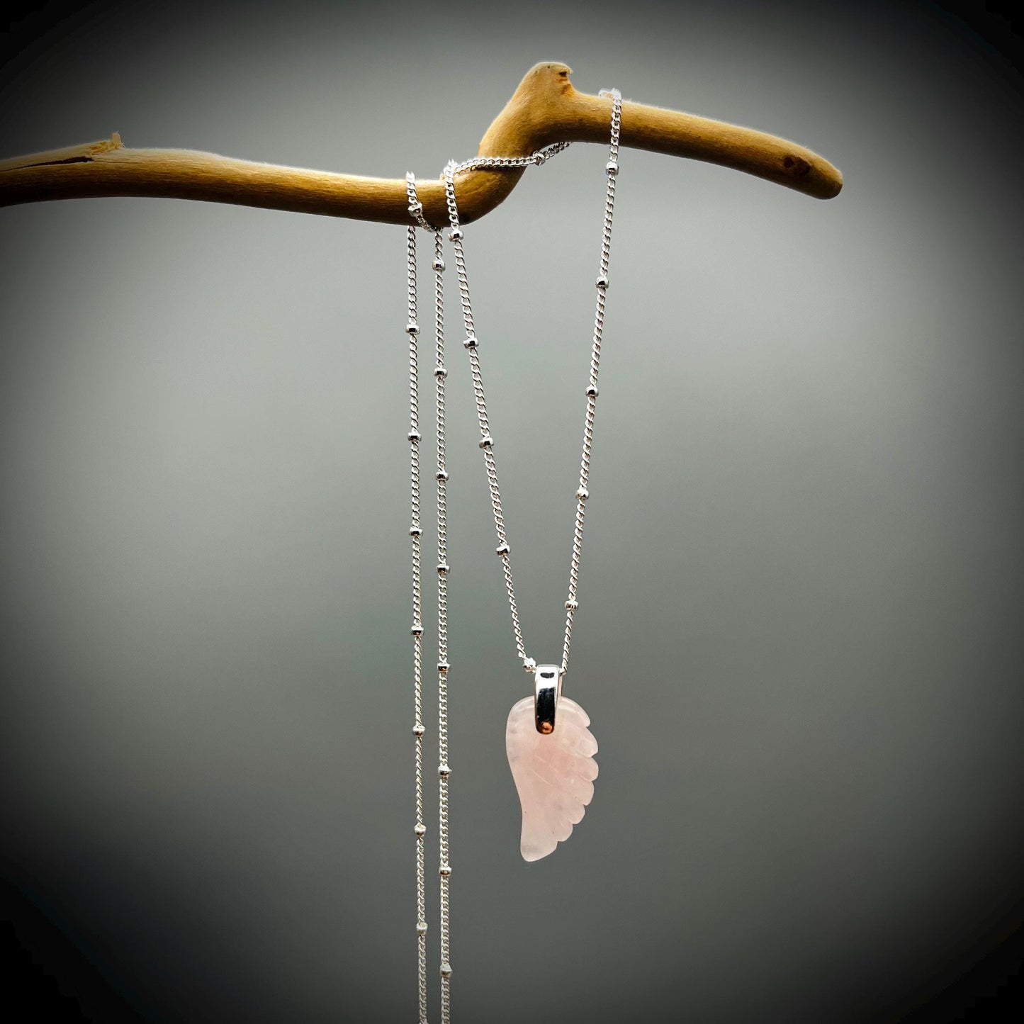 Rose Quartz Crystal Necklace, Angel Wing Necklace,  Rose Quartz Angel Wing, Rose Quartz and Sterling Silver Necklace, Crystal Wing Necklace