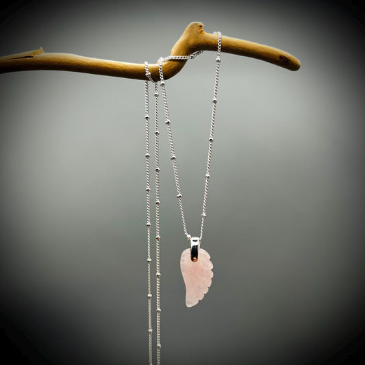 Rose Quartz Crystal Necklace, Angel Wing Necklace,  Rose Quartz Angel Wing, Rose Quartz and Sterling Silver Necklace, Crystal Wing Necklace