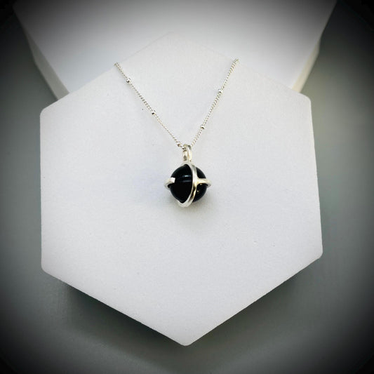 Black Obsidian Crystal Ball Necklace, Obsidian and Sterling Silver Necklace, Obsidian Pendant, Caged Obsidian Crystal