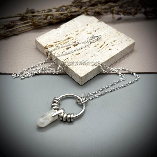 Moonstone Crystal Point Necklace, Moonstone Silver Hoop Pendant, Hammered Hoop Pendant with Moonstone, Silver and Moonstone Point Pendant