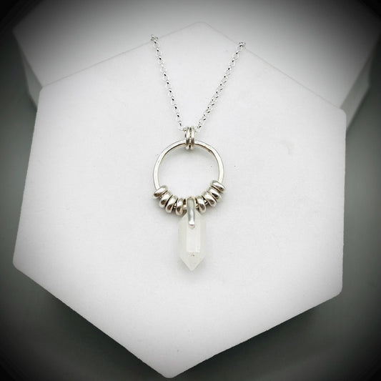 Quartz Crystal Point Necklace, Quartz Silver Hoop Pendant, Hammered Hoop Pendant with Quartz, Quartz Double Point Pendant