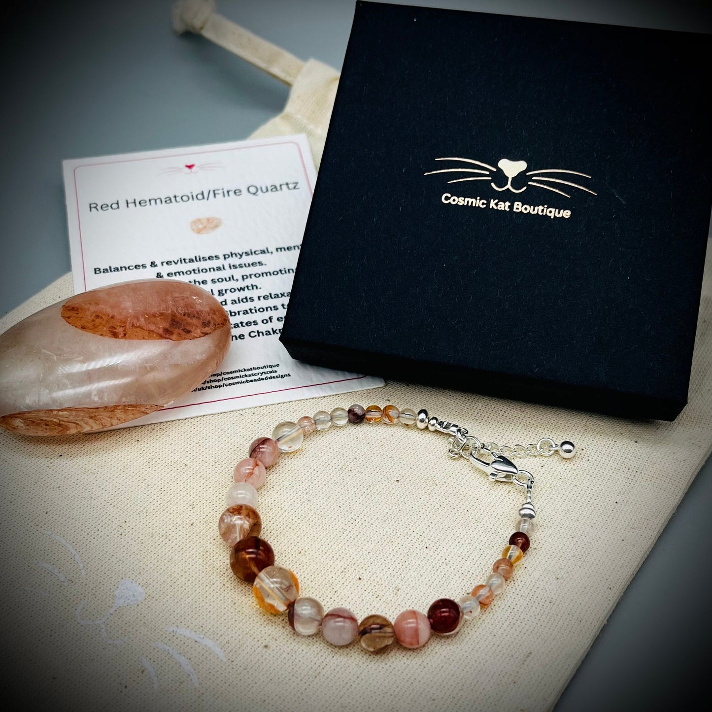 Red Hematoid Quartz Crystal Bracelet, Fire Quartz Crystal Bracelet, Red Hematoid and Sterling Silver Bracelet, Fire Quartz Bracelet
