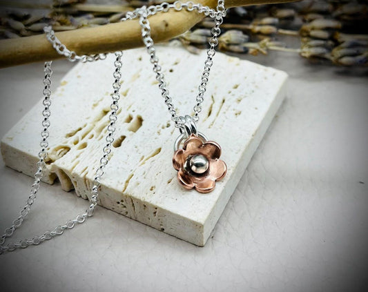 Copper Flower Necklace, Sterling Silver Flower Necklace